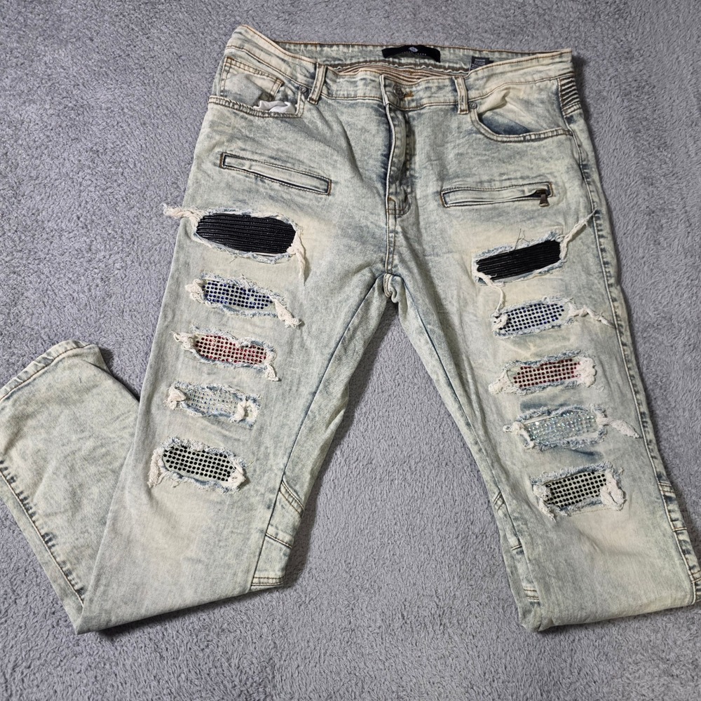 Focus Jeans Mens 38x32 Moto Biker Acid Wash Rhinestone Distressed Blue Denim